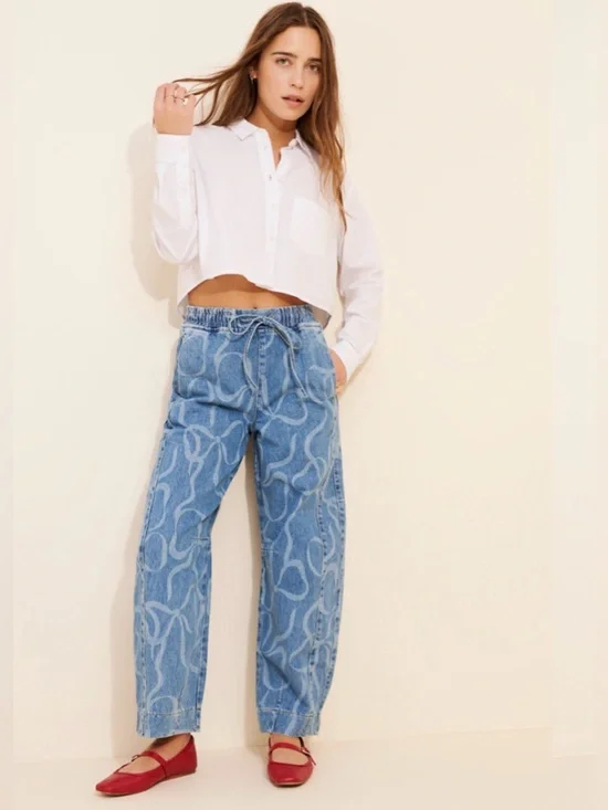 Damson Madder Felix Bows Drawstring Barrel Jeans Pull On Elastic Waist Size US 8 - Picture 2 of 15